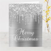 Silver Glitter Drips Metallic Merry Christmas カード (黄色い花)