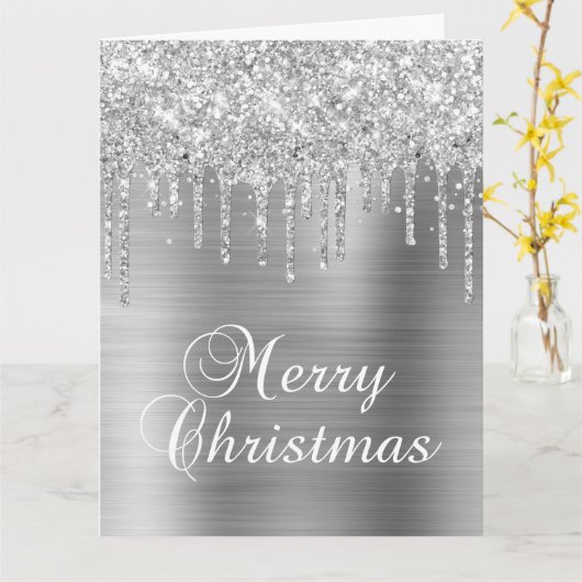Silver Glitter Drips Metallic Merry Christmas カード (黄色い花)