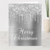 Silver Glitter Drips Metallic Merry Christmas カード (正面)