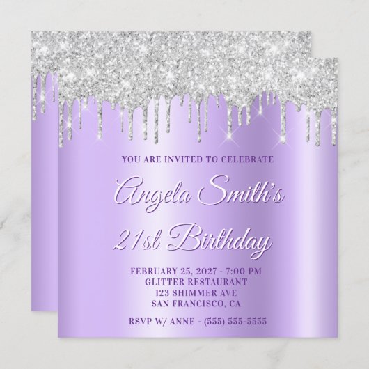 Silver Glitter Drips Pale Lavender Drop Shadow 招待状 (正面/裏面)