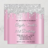Silver Glitter Drips Pink Shimmer Drop Shadow 招待状 (正面/裏面)