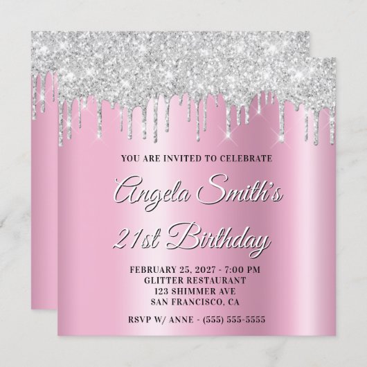 Silver Glitter Drips Pink Shimmer Drop Shadow 招待状 (正面/裏面)