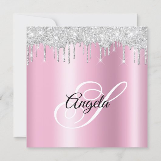 Silver Glitter Drips Pink Shimmer Drop Shadow 招待状 (裏面)