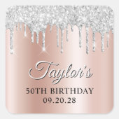 Silver Glitter Drips Rose Gold Ombre Drop Shadow スクエアシール (正面)