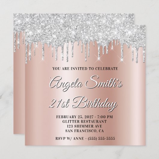 Silver Glitter Drips Rose Gold Ombre Drop Shadow 招待状 (正面/裏面)