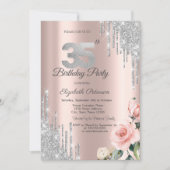Silver Glitter Drips Roses Rose Gold 35th Annivers 招待状 (正面)