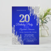 Silver Glitter Drips Royal Blue 20th Birthday  招待状 (スタンド正面)