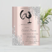 Silver Glitter Drips Wine Glass Rose Gold 60th  招待状 (スタンド正面)