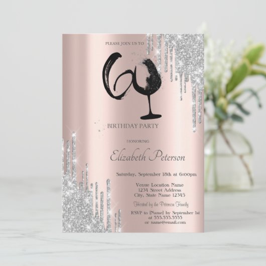 Silver Glitter Drips Wine Glass Rose Gold 60th  招待状 (スタンド正面)