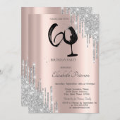 Silver Glitter Drips Wine Glass Rose Gold 60th  招待状 (正面/裏面)