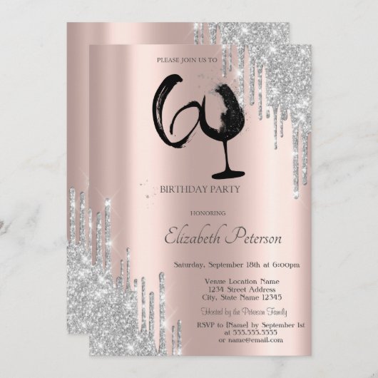 Silver Glitter Drips Wine Glass Rose Gold 60th  招待状 (正面/裏面)