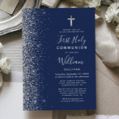 Silver Glitter Edge Navy Blue First Holy Communion 招待状