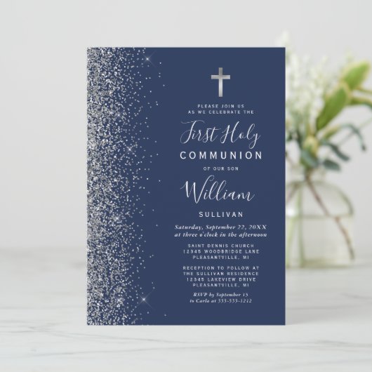 Silver Glitter Edge Navy Blue First Holy Communion 招待状 (スタンド正面)