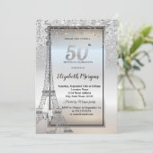 Silver Glitter Eiffel Tower,Glass,Heels 50th 招待状 (スタンド正面)