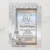 Silver Glitter Eiffel Tower,Glass,Heels 50th 招待状 (正面/裏面)