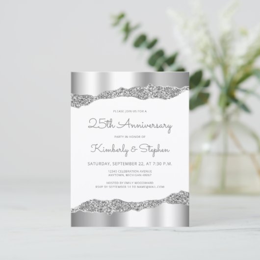 Silver Glitter Foil Edge 25th Anniversary Invite ポストカード (スタンド正面)