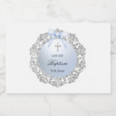Silver Glitter Frame Blue Bow Baptism スパークリングワインラベル (シングルラベル)