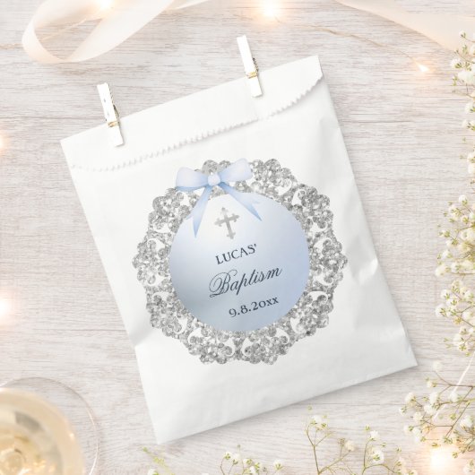 Silver Glitter Frame Blue Bow Baptism フェイバーバッグ (クリップ留めされた状態)