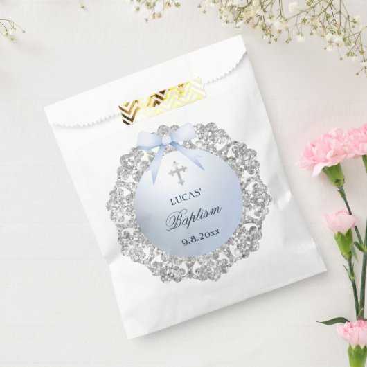 Silver Glitter Frame Blue Bow Baptism フェイバーバッグ (封をした状態)