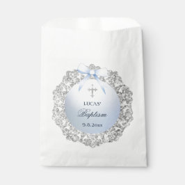 Silver Glitter Frame Blue Bow Baptism フェイバーバッグ