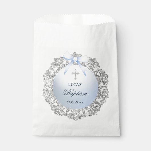Silver Glitter Frame Blue Bow Baptism フェイバーバッグ (正面)