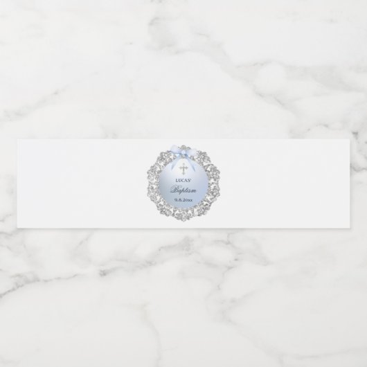 Silver Glitter Frame Blue Bow Baptism ペットボトルラベル (シングルラベル)