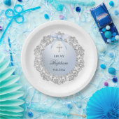 Silver Glitter Frame Blue Bow Baptism ペーパープレート (パーティー)