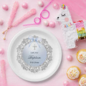 Silver Glitter Frame Blue Bow Baptism ペーパープレート (パーティー)