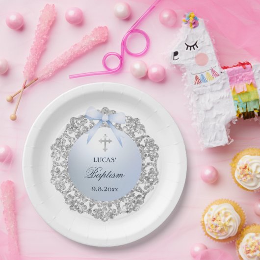 Silver Glitter Frame Blue Bow Baptism ペーパープレート (パーティー)