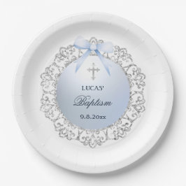 Silver Glitter Frame Blue Bow Baptism ペーパープレート