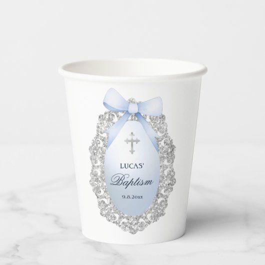 Silver Glitter Frame Blue Bow Baptism 紙コップ (裏面)