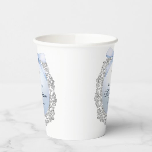 Silver Glitter Frame Blue Bow Baptism 紙コップ (左)