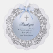 Silver Glitter Frame Blue Bow Baptism Thank You オーナメントカード (裏面)