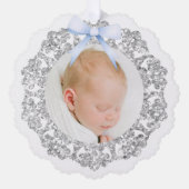 Silver Glitter Frame Blue Bow Baptism Thank You オーナメントカード (正面)