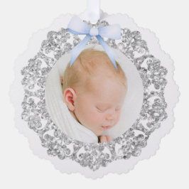Silver Glitter Frame Blue Bow Baptism Thank You オーナメントカード