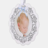 Silver Glitter Frame Blue Bow Baptism Thank You オーナメントカード (左)