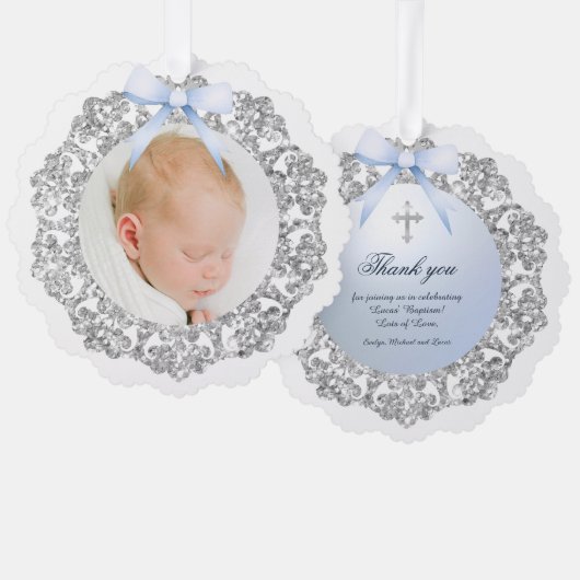 Silver Glitter Frame Blue Bow Baptism Thank You オーナメントカード (正面/裏面)