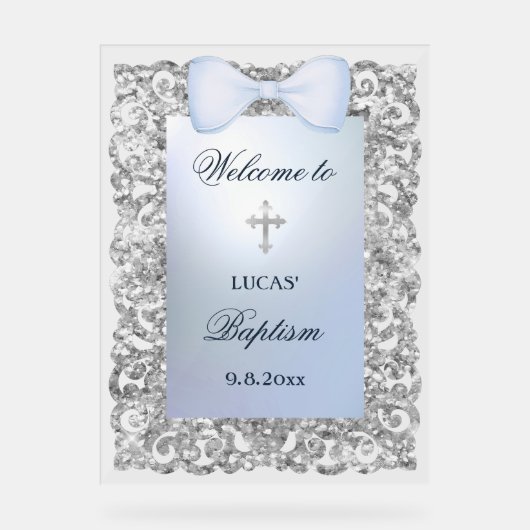 Silver Glitter Frame Blue Bow Baptism Welcome アクリルサイン (正面)