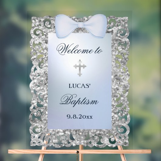 Silver Glitter Frame Blue Bow Baptism Welcome アクリルサイン (ニュートラル)