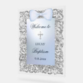 Silver Glitter Frame Blue Bow Baptism Welcome アクリルサイン (傾斜)