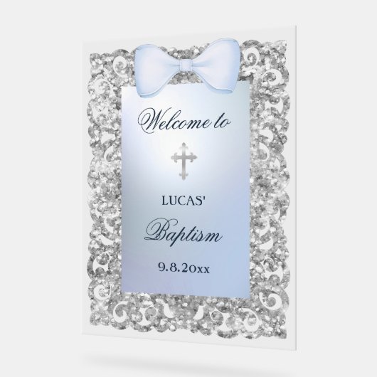 Silver Glitter Frame Blue Bow Baptism Welcome アクリルサイン (傾斜)