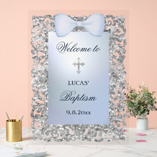 Silver Glitter Frame Blue Bow Baptism Welcome アクリルサイン (ウェディング)