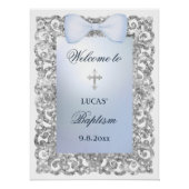 Silver Glitter Frame Blue Bow Baptism Welcome ポスター (正面)