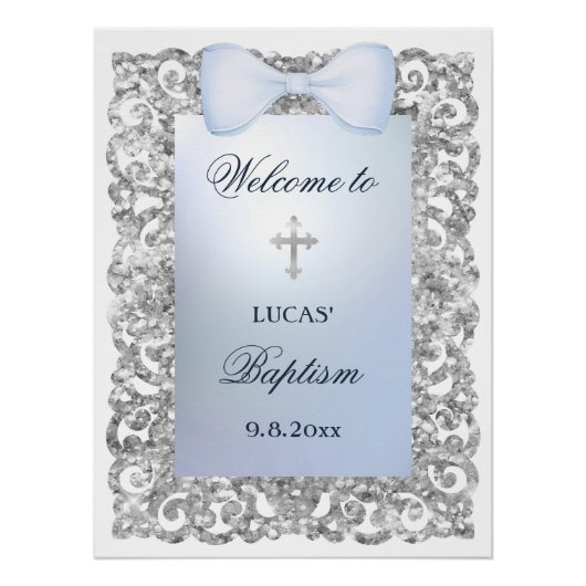 Silver Glitter Frame Blue Bow Baptism Welcome ポスター (正面)