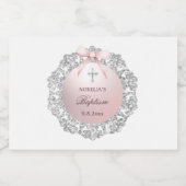 Silver Glitter Frame Pink Bow Baptism スパークリングワインラベル (シングルラベル)