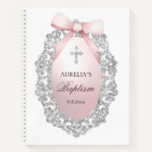 Silver Glitter Frame Pink Bow Baptism Guest Book ノートブック (正面)