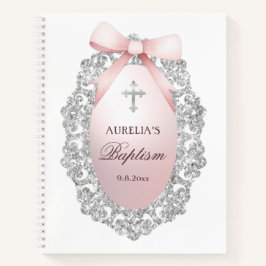 Silver Glitter Frame Pink Bow Baptism Guest Book ノートブック