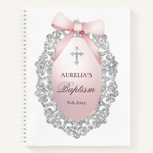 Silver Glitter Frame Pink Bow Baptism Guest Book ノートブック (正面)