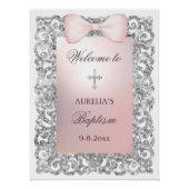Silver Glitter Frame Pink Bow Baptism Welcome ポスター (正面)
