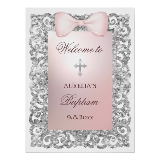 Silver Glitter Frame Pink Bow Baptism Welcome ポスター (正面)